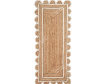 Jute Runner Natural Jute customized Scalloped Color Border Bohemian Scallop Runner Scalloped Jute Rug Jute Scallop Rug Area Rug Custom Rug