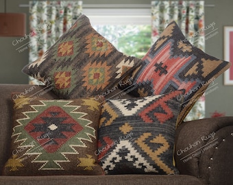 4 Set jute Vintage Kilim Pillow,Home Decor,Handwoven Turkish Pillow,Moroccan Pillow,Decorative Throw Pillow, Kilim Cushion Cover,Jute Pillow