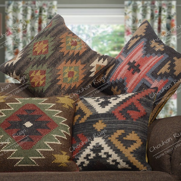 4 Set jute Vintage Kilim Pillow,Home Decor,Handwoven Turkish Pillow,Moroccan Pillow,Decorative Throw Pillow, Kilim Cushion Cover,Jute Pillow