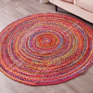 Indischer handgemachter Jute-Baumwollgeflochtener runder Chindi-Teppich, mehrfarbiger Dekor-Teppich, Kreis-Teppich, Eingangsbereich-Baumwollteppich für Wohnkultur, Küchenteppich