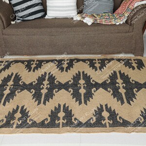 Handgjord kelimmatta i ulljute: Svart och beige Dhurrie, vintage halldekor ulljutematta, stor matta, plattvågig kelimmatta bild 6