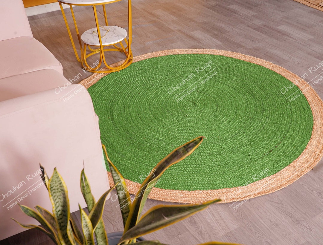 Heart Green Jute Rug Hand Braided Light Green Jute Round Rug With Beige Border Yoga Mat Boho ...