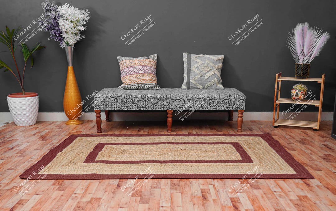 Custom Braided Rectangle Rug Handmade Natural Jute Braided Rectangle Rug With Brown Color Border ...