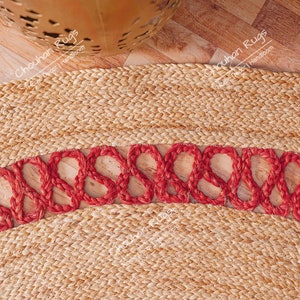 Hand Braided Round Jute Rug With Red Lattice Border, Custom Size Rug, Christmas Gift, Indian Handmade Jute Rug, Home Decor Rug, Moroccan Rug image 3