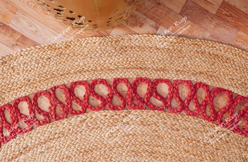Hand Braided Round Jute Rug With Red Lattice Border, Custom Size Rug, Christmas Gift, Indian Handmade Jute Rug, Home Decor Rug, Moroccan Rug image 3