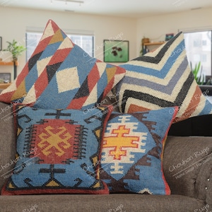 Lot de 4 oreillers en kilim vintage en jute, décoration d'intérieur, oreiller turc tissé à la main, oreiller marocain, coussin décoratif, housse de coussin en kilim, oreiller en jute image 4