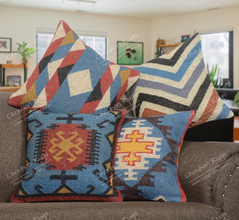 4 Set yute Vintage Kilim almohada decoración del hogar almohada turca tejida a mano almohada marroquí almohada decorativa tiro almohada Kilim cojín cubierta almohada de yute Style 4