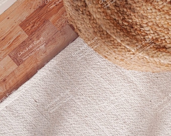 Alfombra de yute trenzada a mano, color blanco y beige, estilo bohemio, para decoración del hogar, para sala de estar, alfombra india hecha a mano.