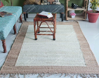 Indiase handgeweven witte en zwarte hennep jute rechthoek tapijt met beige rand aangepaste grootte tapijt home decor tapijten kwastjes hennep tapijt Rag Rug