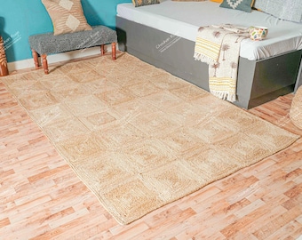 Hand-Braided Jute Rug | Geometric Square Pattern, Rustic Home and Living Decor, Solid Plain Beige Box Design Bedroom Decor, Custom Size