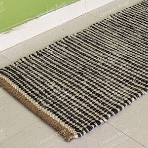 Indian Handloomed Hemp Jute Runner Kilim Hemp Runner Bohemian Hemp Runner Hemp For Bedroom Decor Hemp For Yoga Black and white color