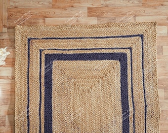 Handgevlochten natuurlijk jute loperkleed met drievoudige marineblauwe rand voor huis- en woonkamerdecoratie, aangepast formaat tapijt, tafelloper