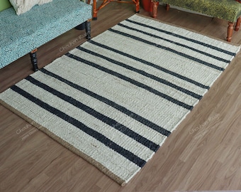 Handmade Jute Hemp Rug, Black Stripes, Hallway Runner, Handwoven Hemp Jute Rug, Eco Friendly Rustic Carpet for Modern European Homes