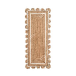 Scalloped Hand Braided Natural Jute Runner Rug with White Border Handmade Runner Rug Bohemian Rug Hallway Runner Rug Runner Custom Rug