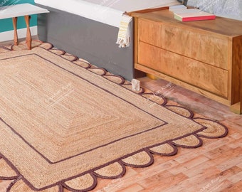 Gevlochten geschulpt jute tapijt, bruin tapijt met rand, boho tapijt, natuurlijk jute tapijt, boho tapijt, milieuvriendelijk jute tapijt, cadeau voor haar