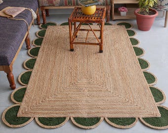 Hand Braided Natural Jute Rug with Green and Red Scallop Scalloped Jute Rug Jute Area Rug Handmade Runner Custom Size Rug Decorative Rug