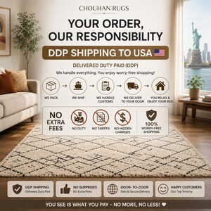May include: A beige and black geometric patterned rug is displayed in a living room setting. The image includes text that reads "YOUR ORDER, OUR RESPONSIBILITY" and "DDP SHIPPING TO USA". The rug is on a hardwood floor.