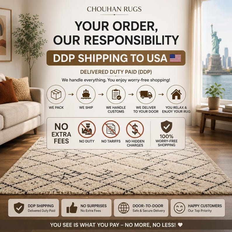 May include: A beige and black geometric patterned rug is displayed in a living room setting. The image includes text that reads "YOUR ORDER, OUR RESPONSIBILITY" and "DDP SHIPPING TO USA". The rug is on a hardwood floor.