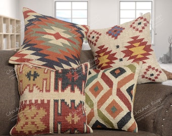 Handwoven Wool Jute Pillow Cover, Boho Cushion (45x45cm)