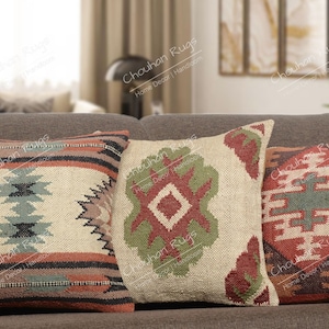 Home Decor Sofa Pillow Cases, Modern Interior Cushion Covers, Decorative Wool Jute Pillow Cases 3 Set of 45x45cm Handmade Indian Pillows