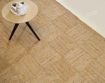 Handgeweven tapijt van natuurlijke jute – Milieuvriendelijk plat geweven neutraal tapijt voor woonkamerinrichting, jutetapijt met doosontwerp van natuurlijke vezels