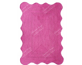 Scallop Edge Jute Area Rug In Pink And Red Color, Natural Bohemian Rug, Natural Jute Scalloped Rug, Custom Size Rug, Living Room Rug