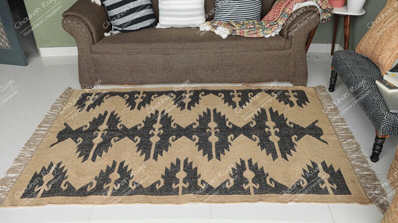 Handgjord kelimmatta i ulljute: Svart och beige Dhurrie, vintage halldekor ulljutematta, stor matta, plattvågig kelimmatta bild 3