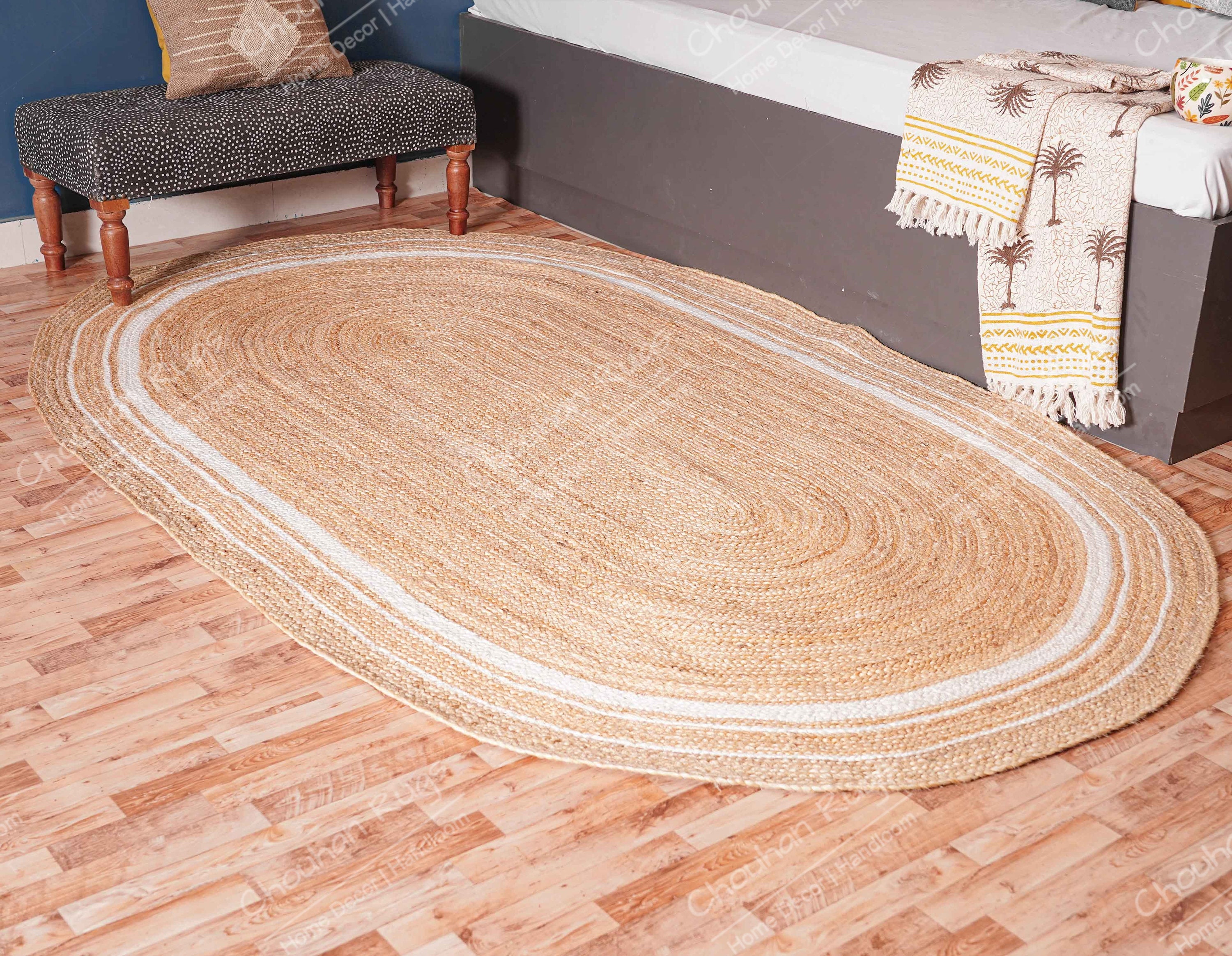 Indian Hand Braided Natural Jute Oval Rug With Color Border Custom