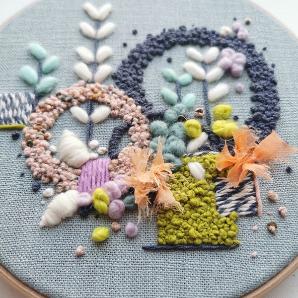 Embroidery Kit, 8" Seedlings Abstract design on duck egg blue fabric. Modern style embroidery. Hoop art, DIY craft kit