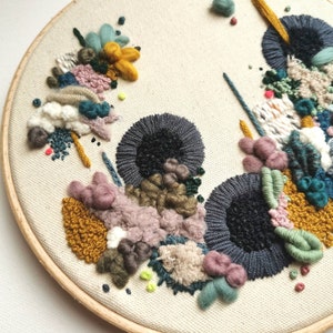 May include: A circular embroidery hoop with a beige fabric background. The fabric is decorated with a colorful abstract design using various embroidery techniques, including fluffy yarn, thread, and beads. The design features shades of blue, green, pink, yellow, and brown.