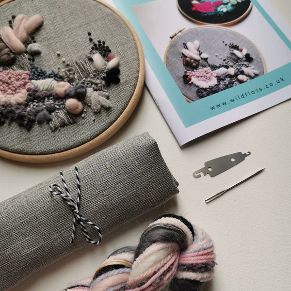 Embroidery Kit, Abstract Grey Linen Fabric. Modern hoop art. Abstract Wild Floss Embroidery. DIY craft.