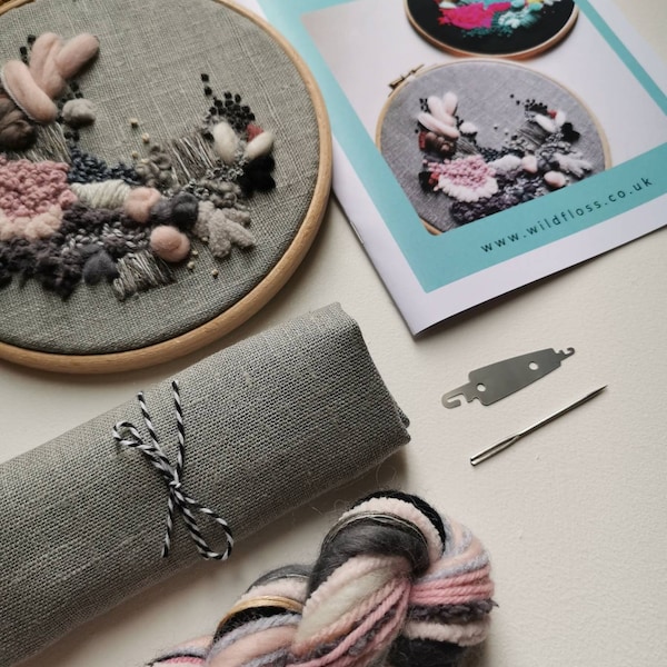 Abstract Embroidery Kit: Grey Linen, Modern Hoop Art (6 inch)