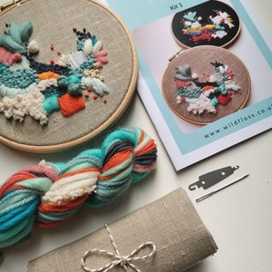 Embroidery Kit, modern hoop art. Neutral Linen fabric, Abstract Wild Floss Embroidery. DIY craft kit.