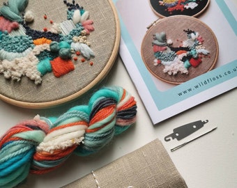 Embroidery Kit, modern hoop art. Neutral Linen fabric, Abstract Wild Floss Embroidery. DIY craft kit.