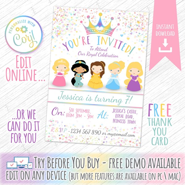Printable Birthday Party Invitations - Princesses DIY Instant Digital Invite Girls Personalized Princess Invitation