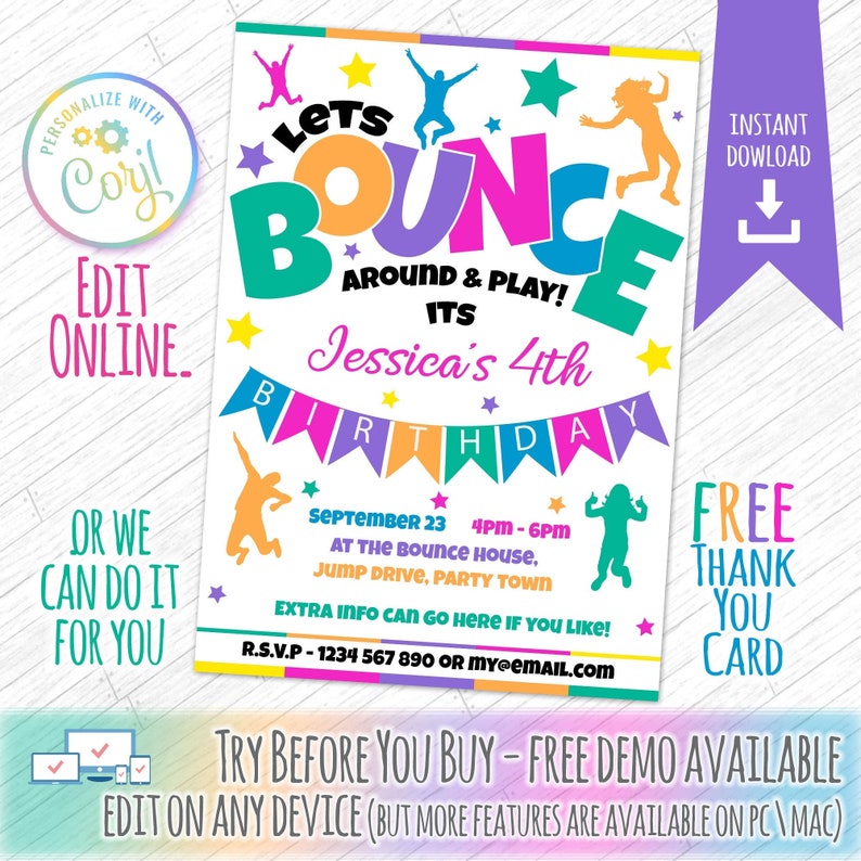Bounce Party Invitations Jump Birthday Invitations DIY Etsy