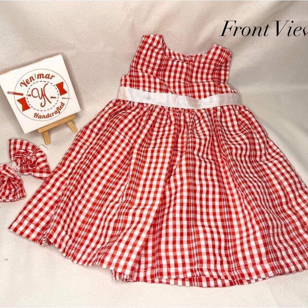 Gingham Red & White Sweet Cotton Baby Dress Set Bow included, Baby Frocks, Baby Frock Party Wear, Cotton Desings, Desing for Any Occasion