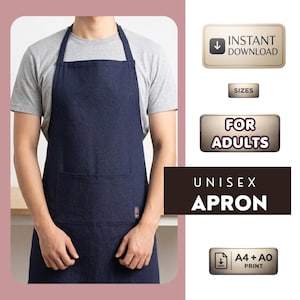 May include: A dark blue denim apron featuring a large front pocket and a small rectangular tag. The image includes text labels: INSTANT DOWNLOAD, SIZES, FOR ADULTS, UNISEX APRON, and A4 + A0 PRINT. The apron is worn over a grey short-sleeved t-shirt.