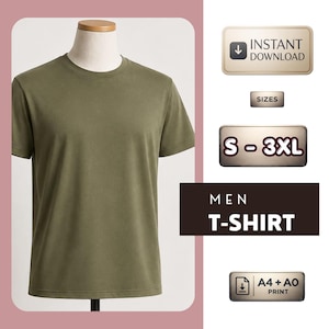 Puede incluir: Una camiseta de manga corta color verde oliva sobre un maniquí. El texto a la derecha incluye INSTANT DOWNLOAD, S - 3XL, MEN T-SHIRT y A4 + A0 PRINT. El diseño presenta un cuello redondo y una confección de tela lisa de color sólido.