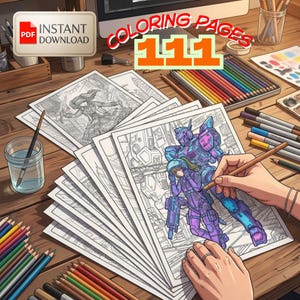 Peut inclure: Un ensemble de 111 pages à colorier présentant des illustrations de science-fiction et d'inspiration anime avec des personnages et des robots mecha. Le lot inclut un fichier numérique, avec des crayons de couleur et des feutres sur un bureau.