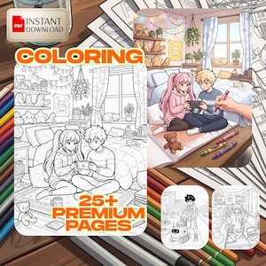 Op de afbeelding: Een digitaal kleurboekset met meer dan 25 premium pagina's met illustraties in anime-stijl. De omslag toont een lijntekening van twee personages die een handheld-spel spelen in een slaapkamer, naast een ingekleurde versie en kleine schetsen.