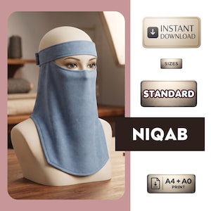 May include: A light blue niqab on a mannequin head, featuring a headband and a face covering. The image includes text labels: INSTANT DOWNLOAD, SIZES, STANDARD, NIQAB, and A4 + A0 PRINT. The design covers the nose and mouth area.