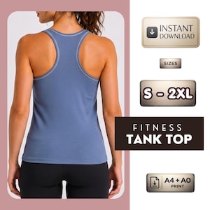 May include: A blue racerback tank top with light-colored trim around the armholes and neckline. The image includes text labels: INSTANT DOWNLOAD, S - 2XL, FITNESS TANK TOP, and A4 + A0 PRINT. The tank top is worn over black leggings.