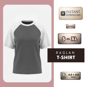 Puede incluir: Una camiseta raglán de manga corta con torso gris oscuro y mangas blancas. La imagen incluye los textos: INSTANT DOWNLOAD, SIZES, S-XL, RAGLAN T-SHIRT y A4 + A0 PRINT. La prenda presenta un cuello redondo y un dobladillo recto.