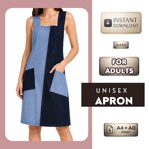 May include: A color-blocked apron featuring a vertical split design in light blue and dark navy denim. The apron has wide shoulder straps and two contrasting patch pockets. Text on the right includes INSTANT DOWNLOAD, SIZES, FOR ADULTS, UNISEX APRON, and A4 + A0 PRINT.