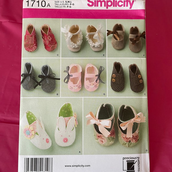 SIMPLICITY #1710 Baby shoes in three sizes, how to make 8 different styles of baby shoes, baby crib shoes pattern, Baby new uncut pattern