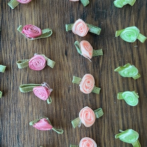 TINY Satin roses 3/8&quot; w/olive ribbon colors rose purple light pink blush pink pale green,  tiny rolled roses with olive ribbon for crafts