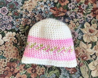 Hand Knitted Newborn Girl Hat: White & Pink, Soft Washable