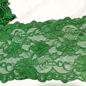 3 yards green stretch lace trim scalloped on both sides 5.5&quot; inches wide,Forrest green lace trim elastic for lingerie sewing or Irish crafts