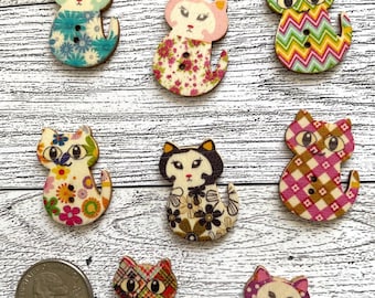 Cat lovers buttons wood embellishments for clothes or hair accessories, printed cats wood buttons or embellishments for crafts